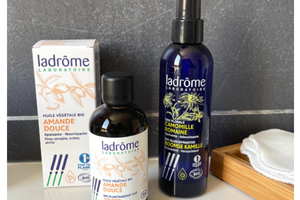 une eau florale de camomille et une huile d'amande douce bio Ladrôme